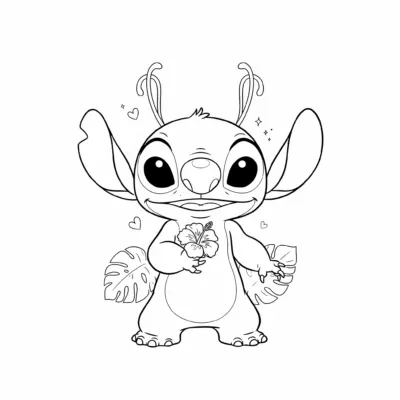 Angel coloring page from Lilo and Stitch holding a hibiscus flower with hearts and tropical leaves