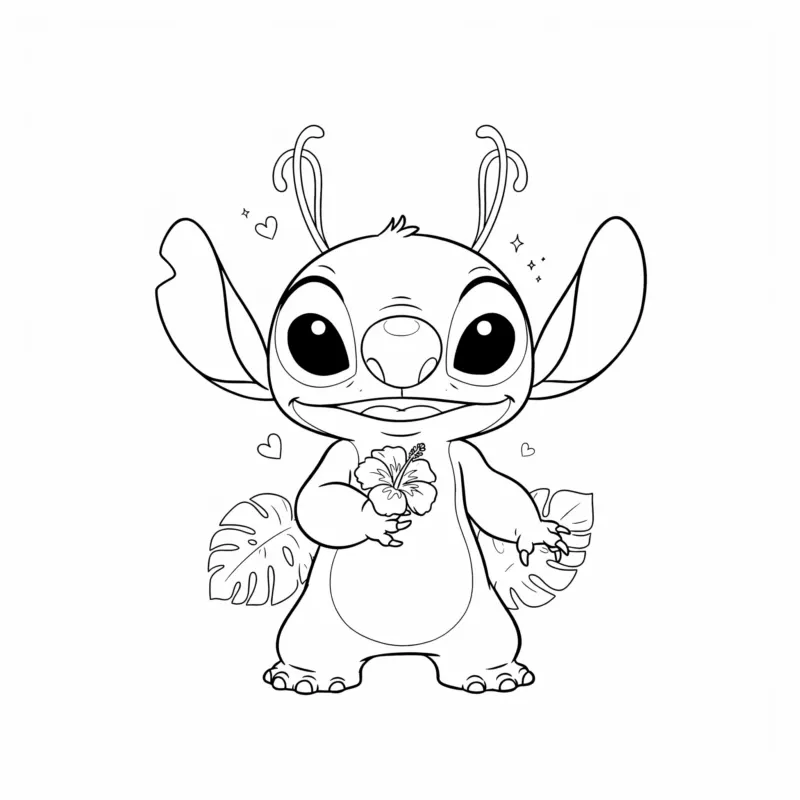 Angel coloring page from Lilo and Stitch holding a hibiscus flower with hearts and tropical leaves
