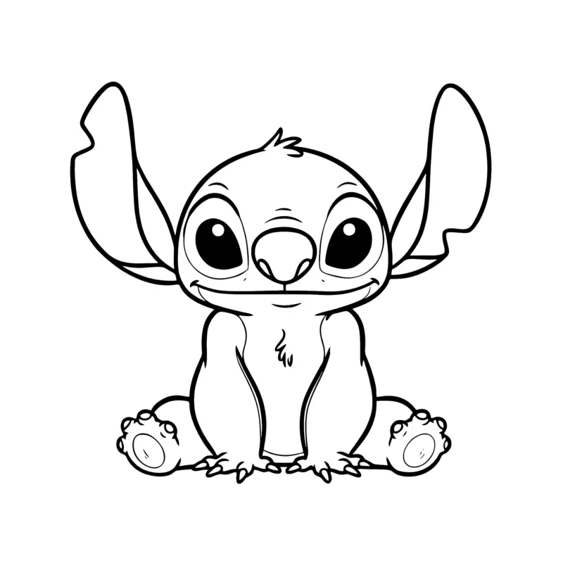 Cute Stitch coloring page of Stitch sitting down with a sweet smile, big ears up and paws resting on the ground