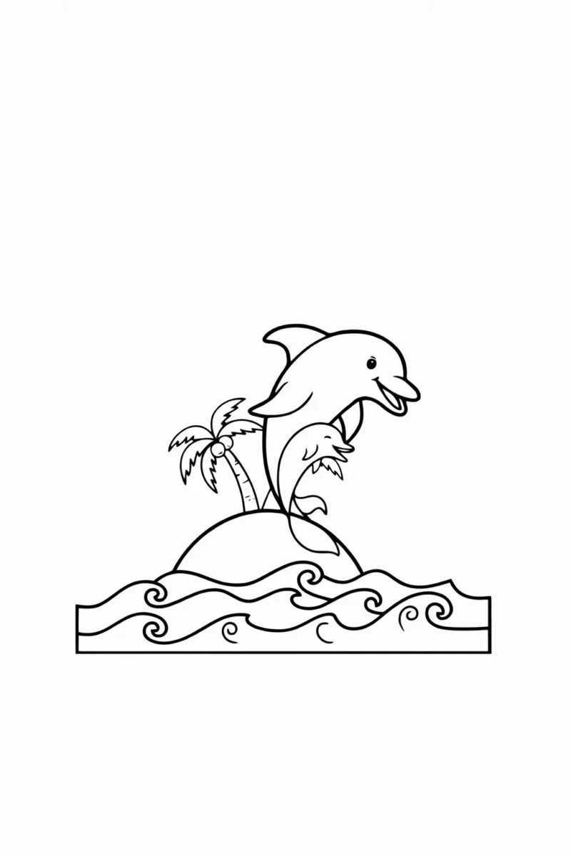 Coloring page of two dolphins jumping over ocean waves near a tropical island