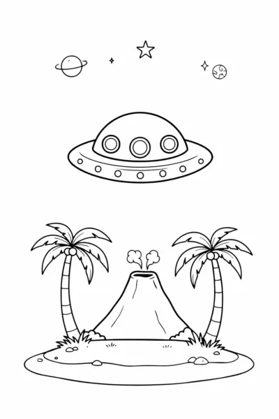 Coloring page of a flying saucer spaceship over a tropical island with palm trees and a volcano