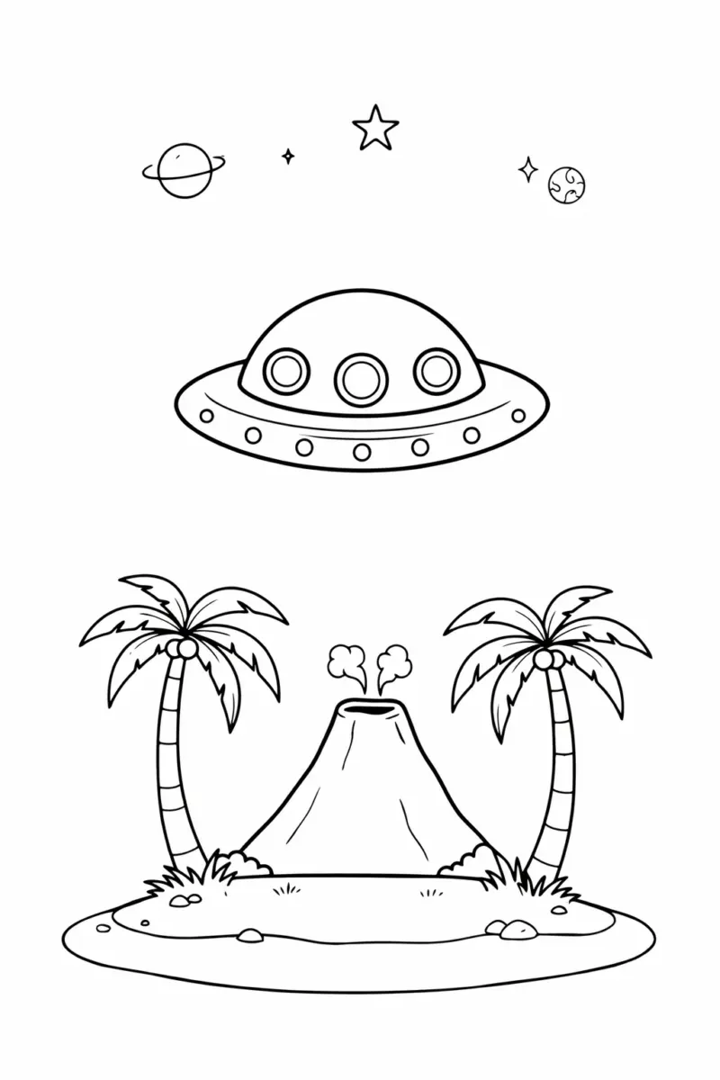 Coloring page of a flying saucer spaceship over a tropical island with palm trees and a volcano
