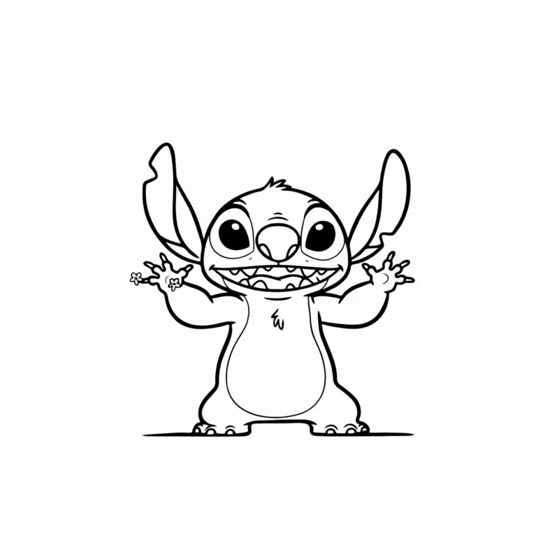 Easy Stitch coloring page of Stitch smiling with his arms up and ears out