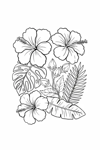 Coloring page full of large hibiscus flowers and tropical leaves