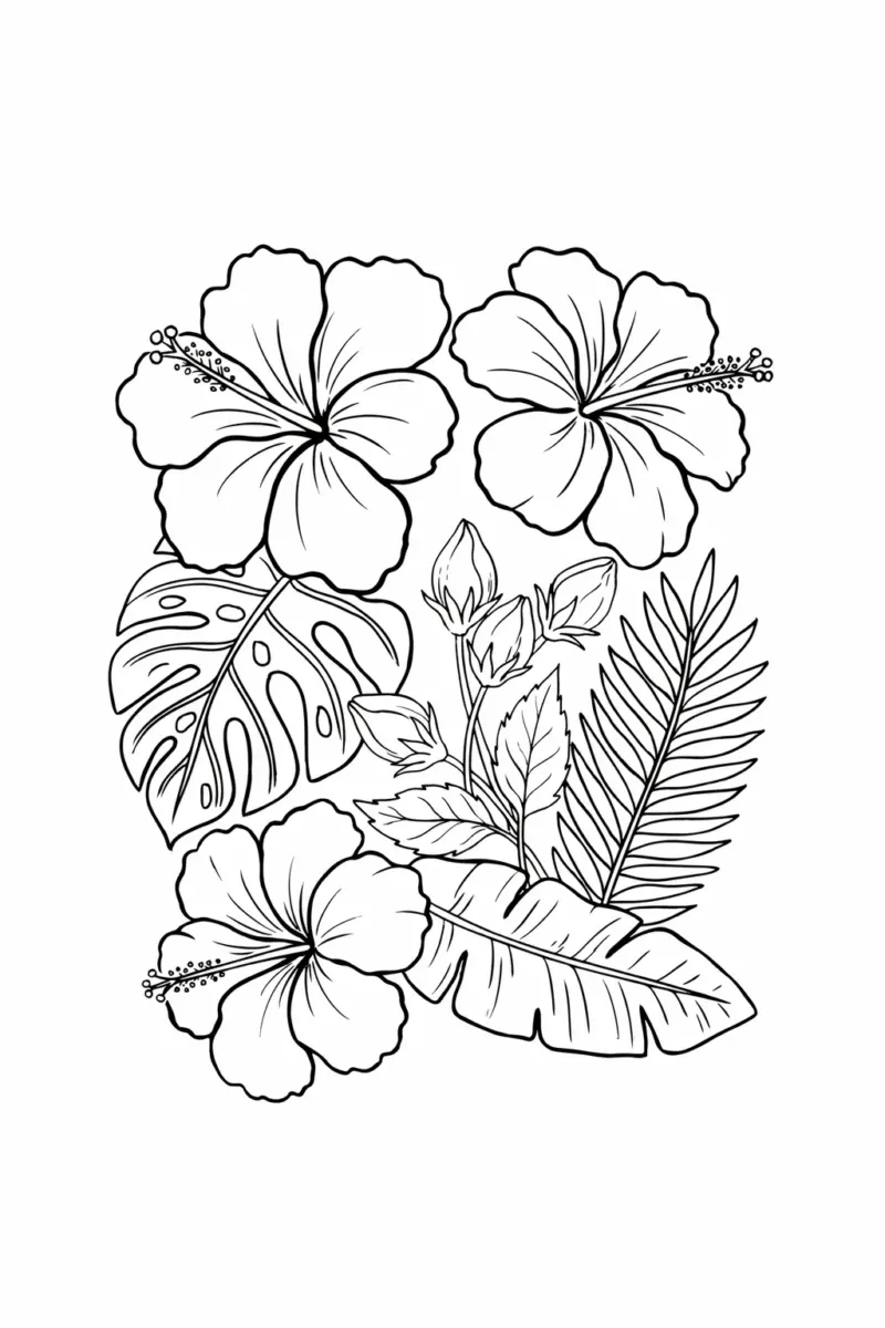 Coloring page full of large hibiscus flowers and tropical leaves
