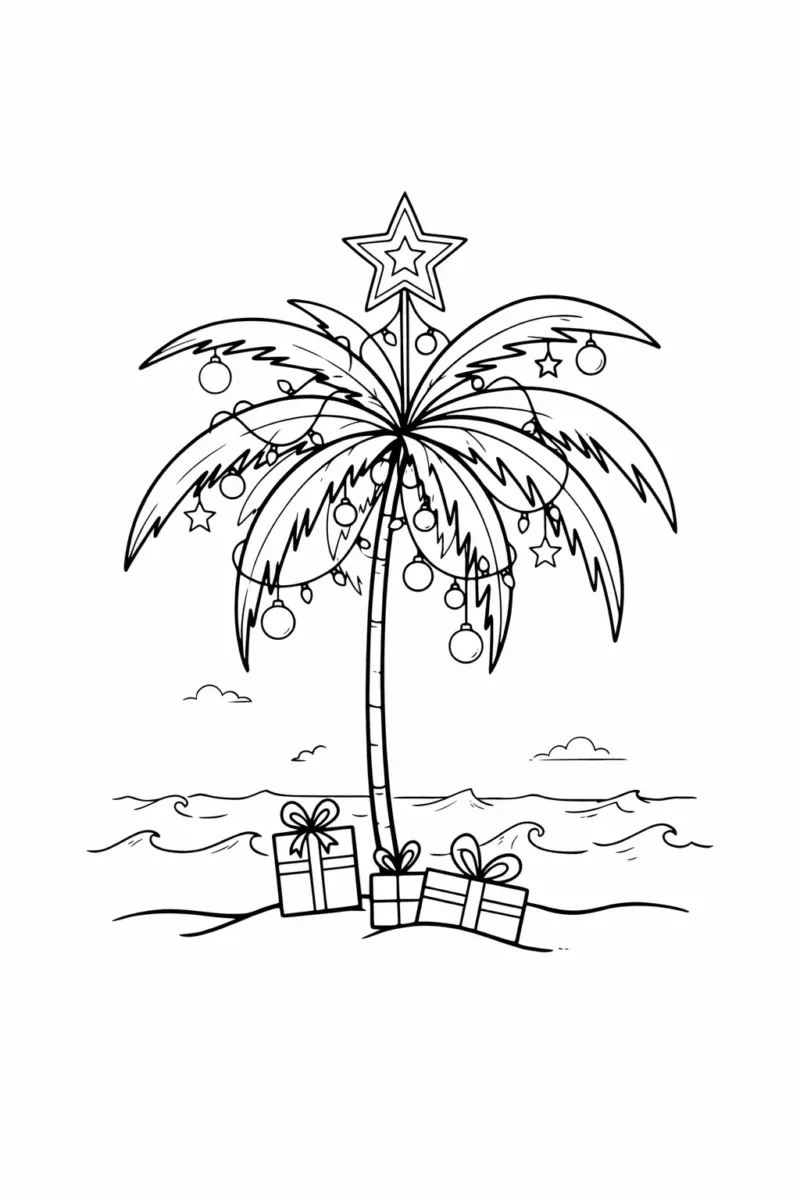 Coloring page of a palm tree decorated like a Christmas tree with ornaments, lights and presents on the beach