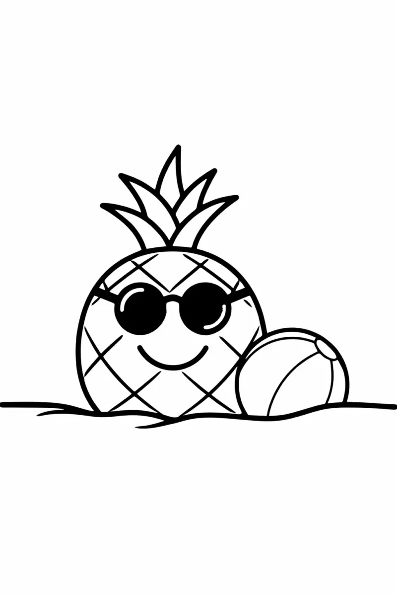 Easy coloring page of a smiling pineapple wearing sunglasses on the beach with a beach ball