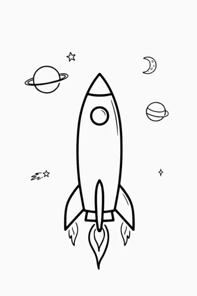 Coloring page of a rocket ship blasting off past ringed planets, stars, a moon and a comet