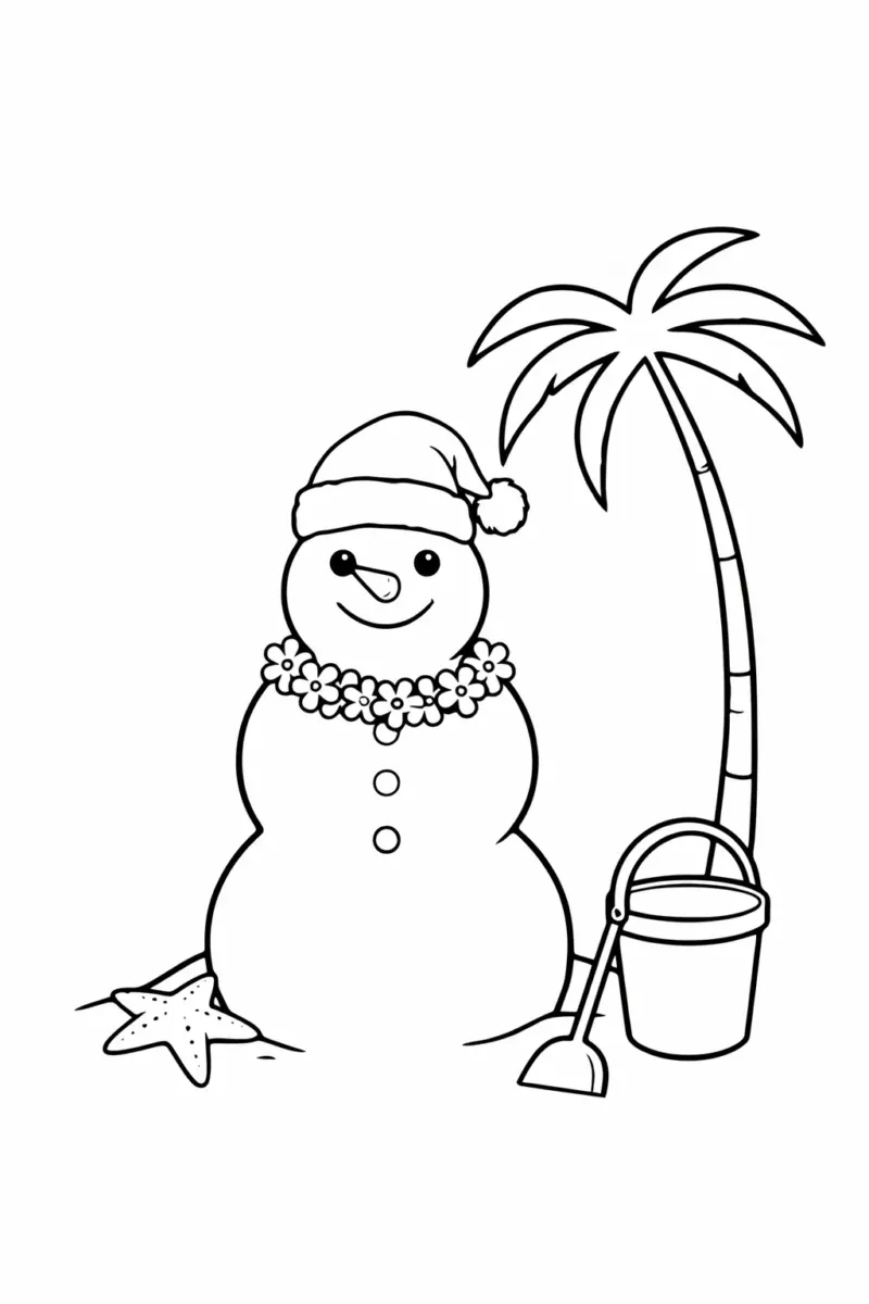 Coloring page of a snowman made of sand on the beach wearing a Santa hat and a flower lei