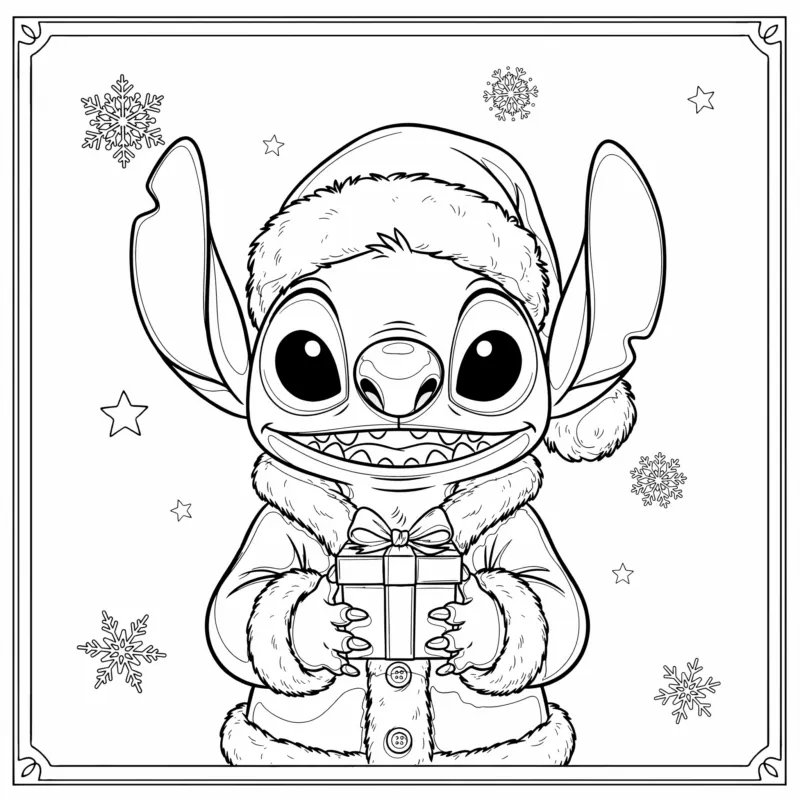 Stitch Christmas coloring page of Stitch in a Santa hat and fur-trimmed Santa coat holding a wrapped present, with snowflakes and stars inside a frame