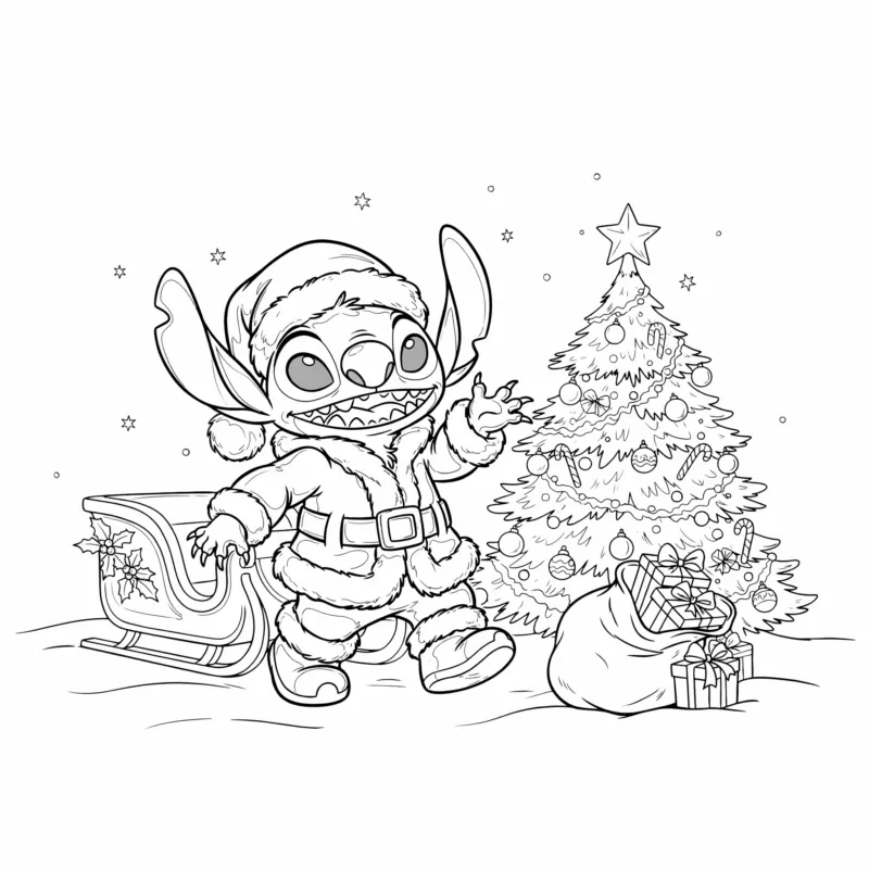 Stitch Christmas coloring page of Stitch in a Santa suit waving next to a sleigh with holly, a decorated Christmas tree and a sack of presents in the snow