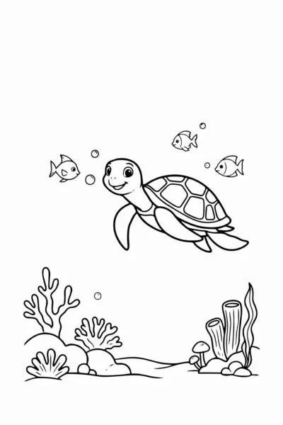 Coloring page of a happy sea turtle swimming over a coral reef with tropical fish and bubbles