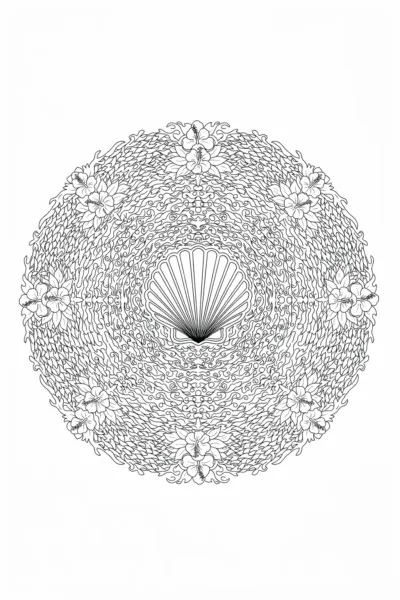 Detailed seashell mandala coloring page with tropical patterns, waves and hibiscus