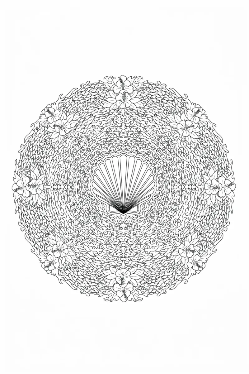 Detailed seashell mandala coloring page with tropical patterns, waves and hibiscus