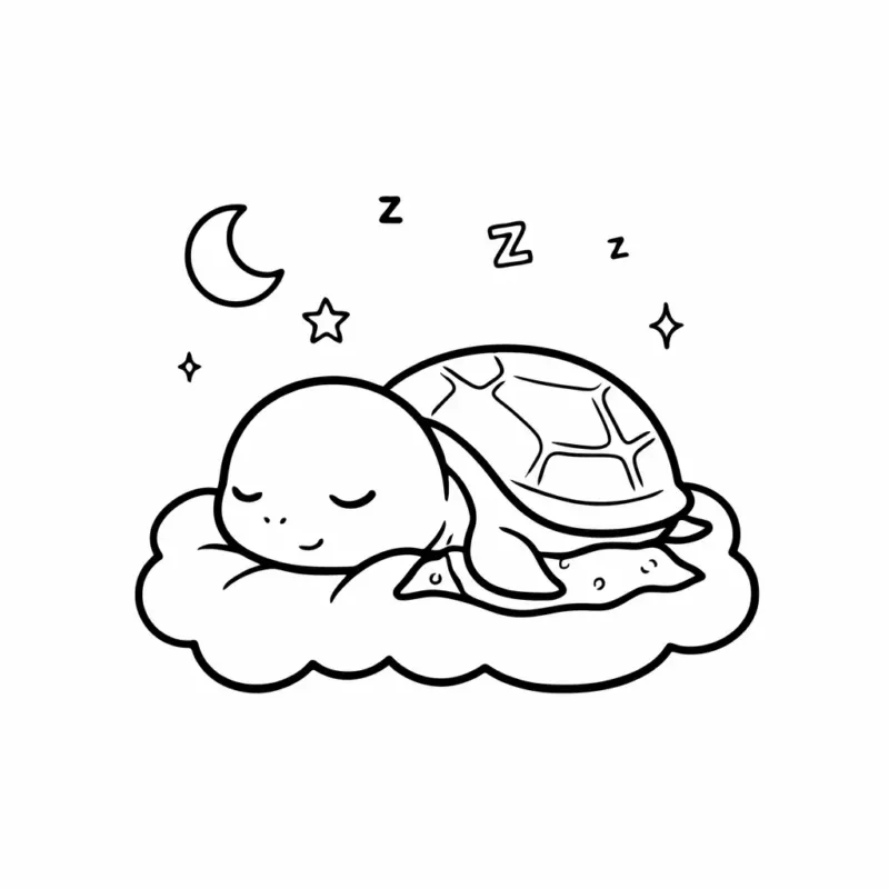 Easy coloring page of a baby sea turtle sleeping on a cloud-shaped pillow with a crescent moon, stars and floating Zs