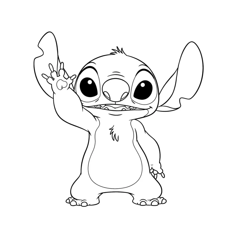 Easy Stitch coloring page of Stitch standing and waving hello with one paw raised and a big smile