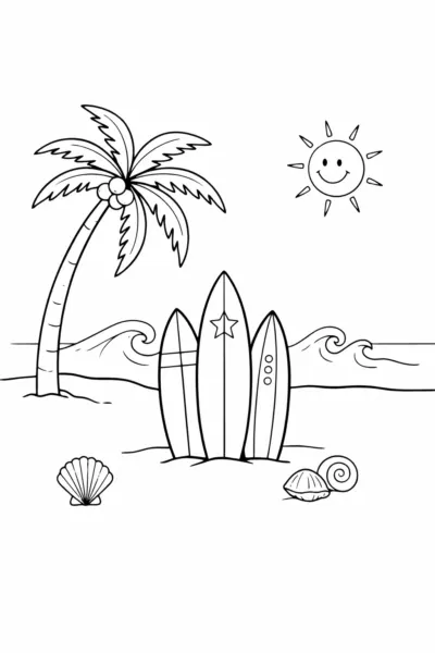 Coloring page of three surfboards standing in the sand with a palm tree, smiling sun and waves