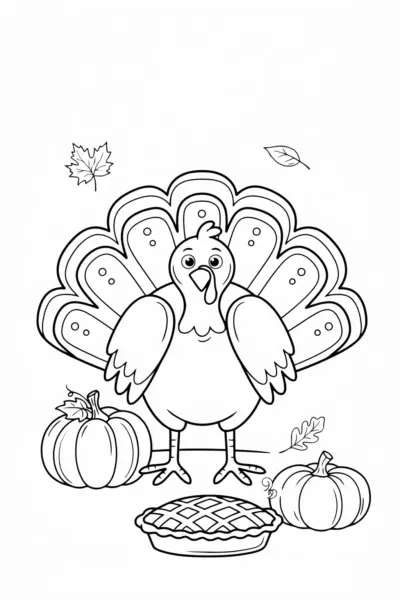 Coloring page of a cheerful cartoon turkey with pumpkins, a pie and autumn leaves