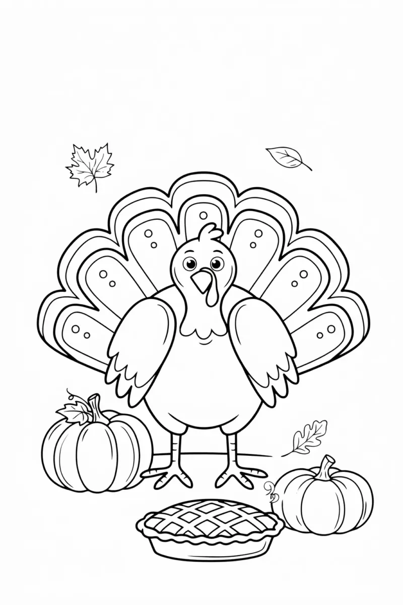 Coloring page of a cheerful cartoon turkey with pumpkins, a pie and autumn leaves