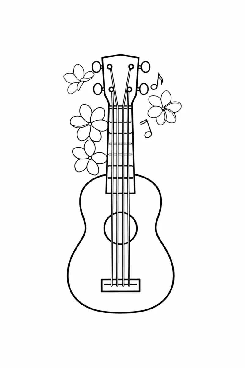 Coloring page of a ukulele surrounded by plumeria flowers and music notes